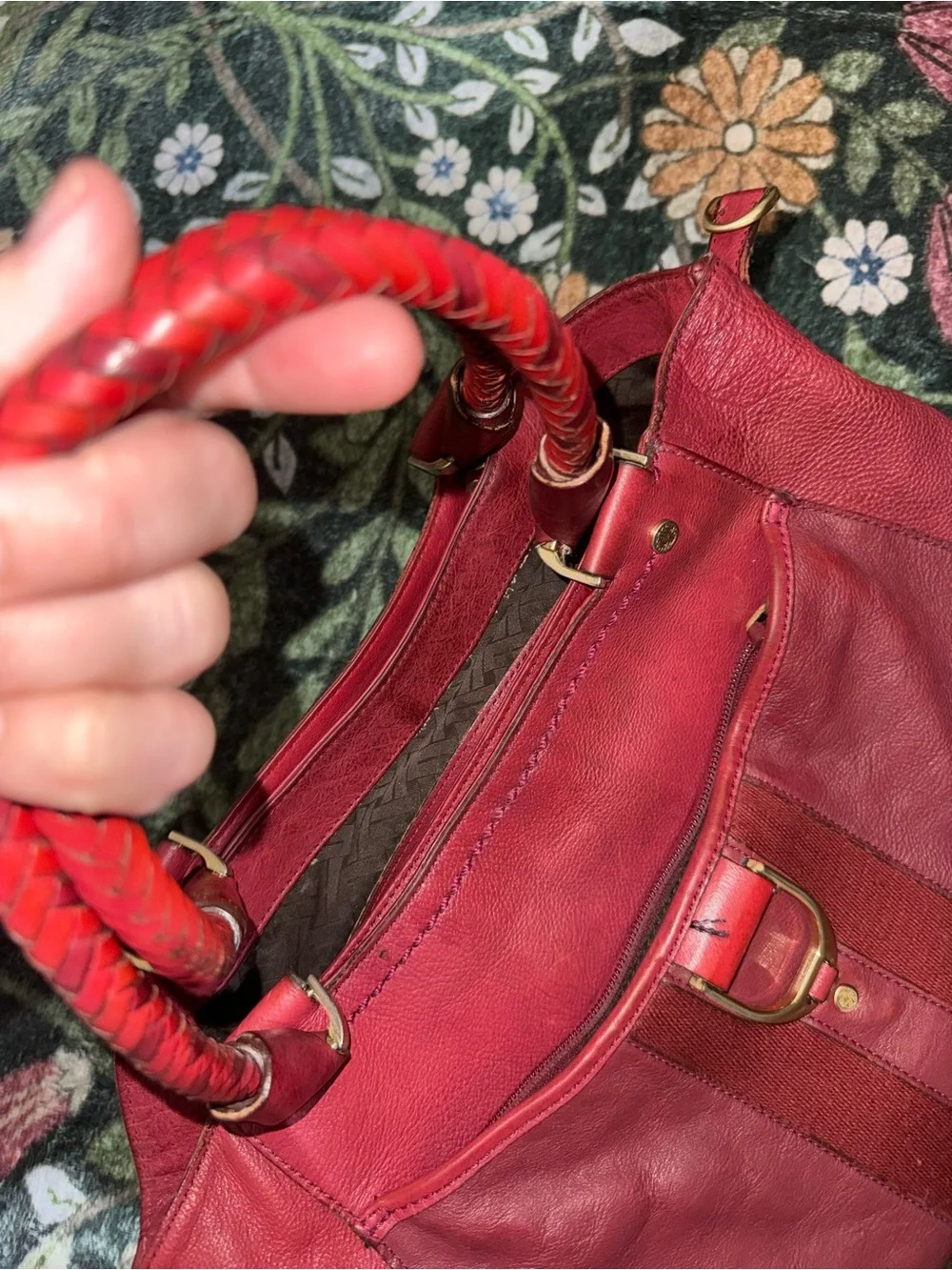 Cole Haan Red Leather Braided-Handle Satchel
